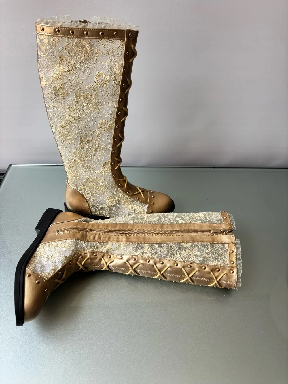 Trish Scully Elegant Lace-Embellished Gold Knee-High Girls Boots